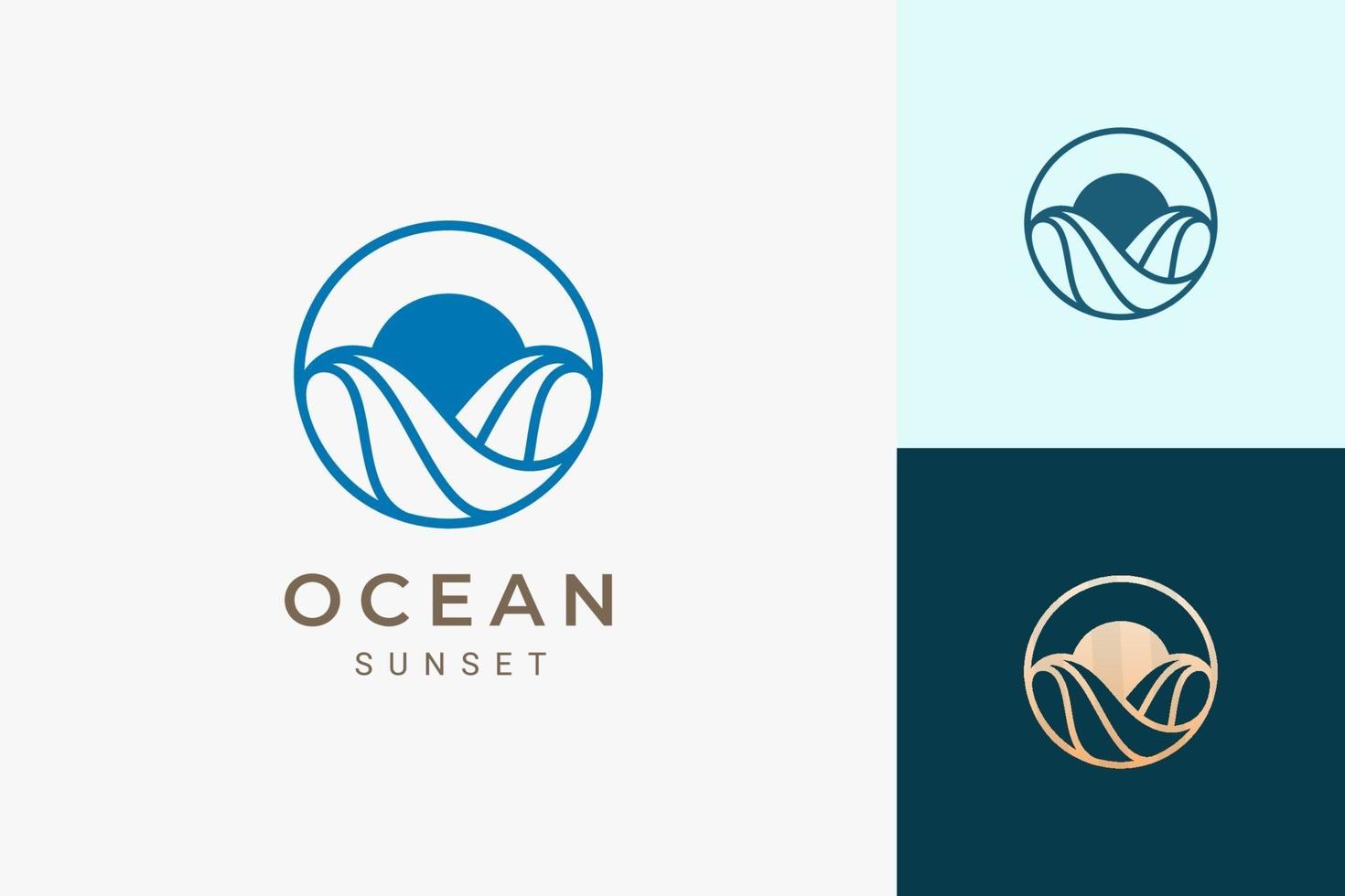 logo a tema oceano o acqua con onde e sole in cerchio vettore