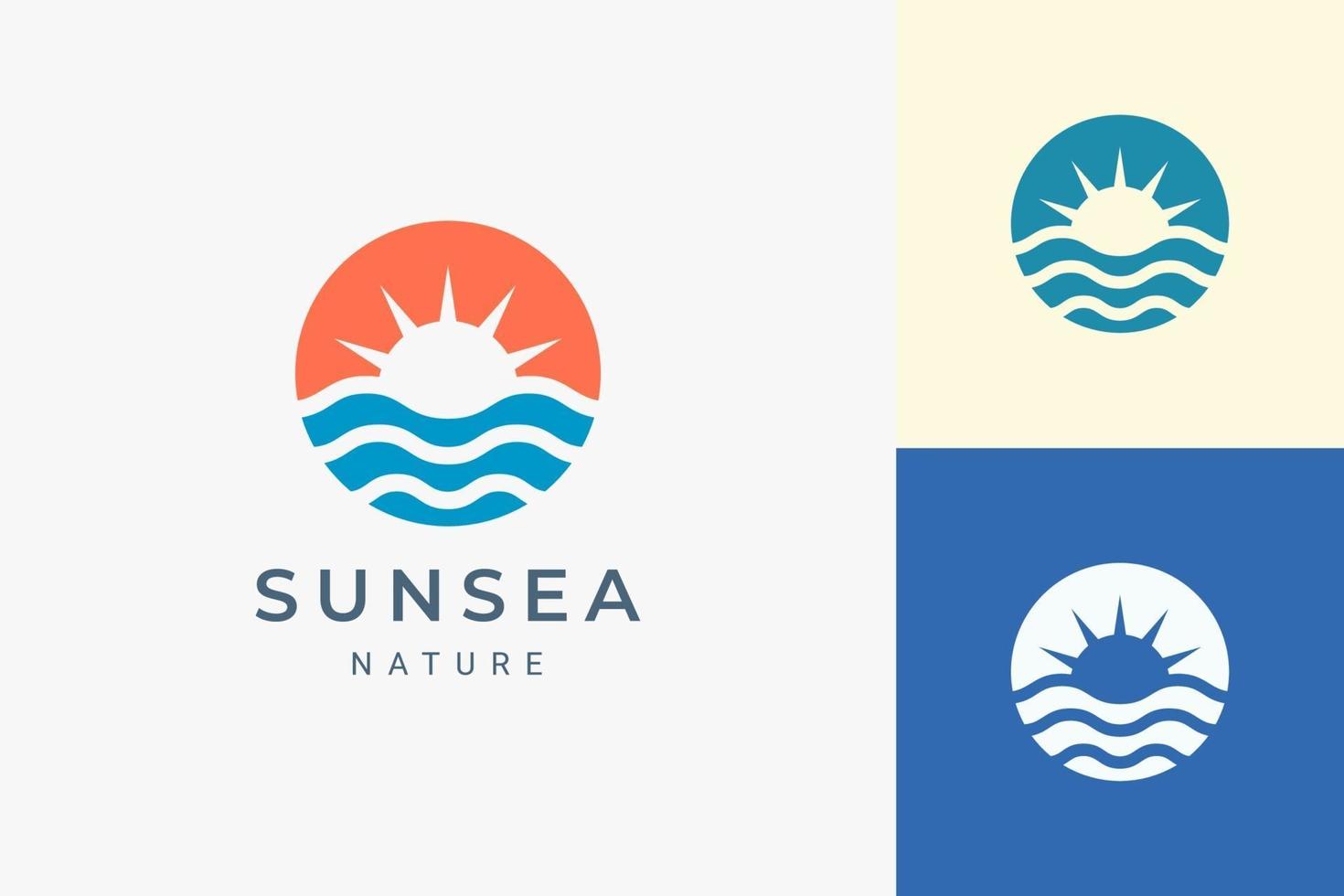 logo della spiaggia o della costa a forma di sole e oceano semplice vettore