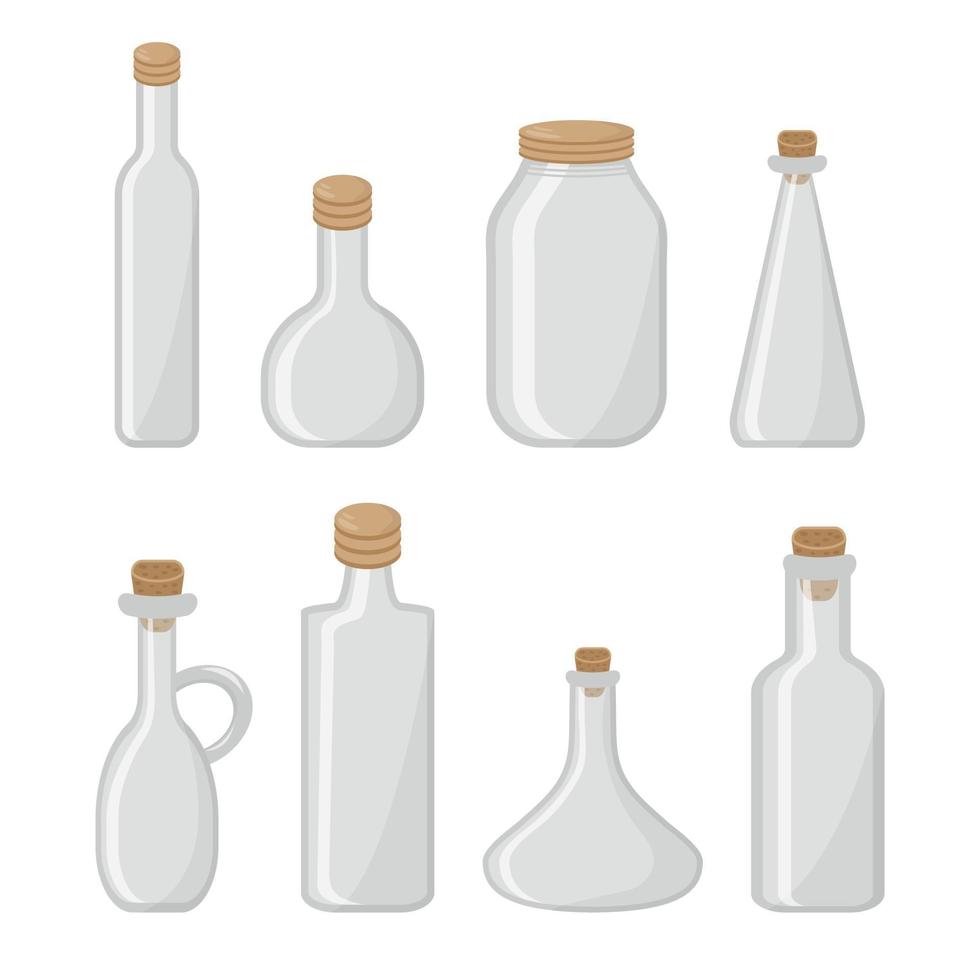 impostare modelli vettoriali di bottiglie di vetro trasparenti vuote.