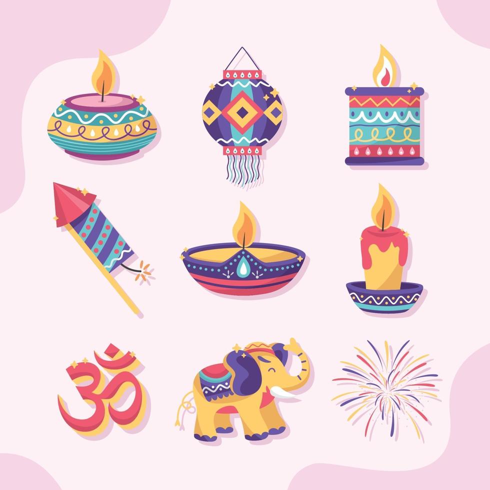 collezione di icone diwali in stile piatto a colori vettore