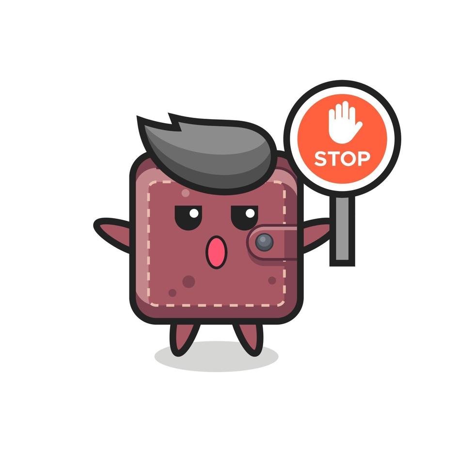 illustrazione del personaggio del portafoglio in pelle con in mano un segnale di stop vettore