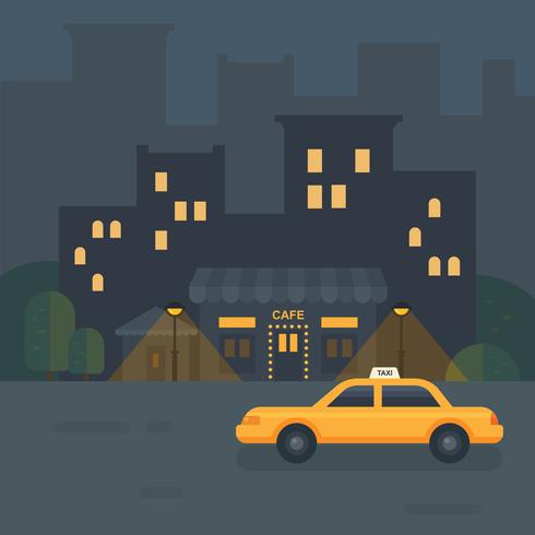 Illustrazione piana del caffè della città di notte. Taxi auto vicino a un ristorante vettore