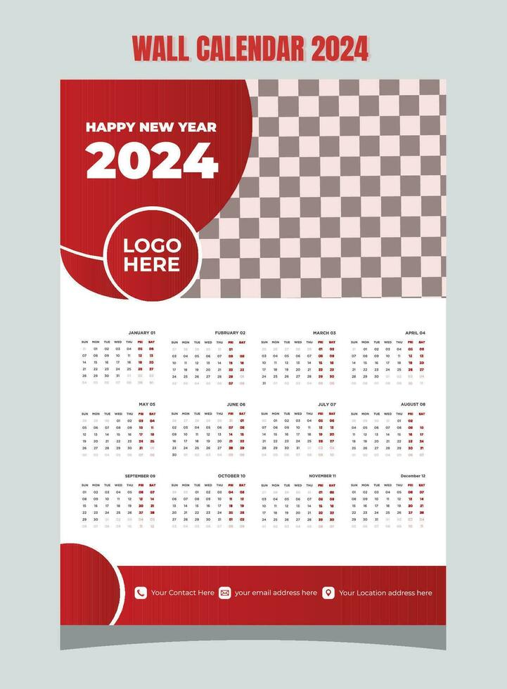 parete calendario 2024 modello design. uno pagina calendario. 12 mesi calendario. settimana inizia su Domenica vettore