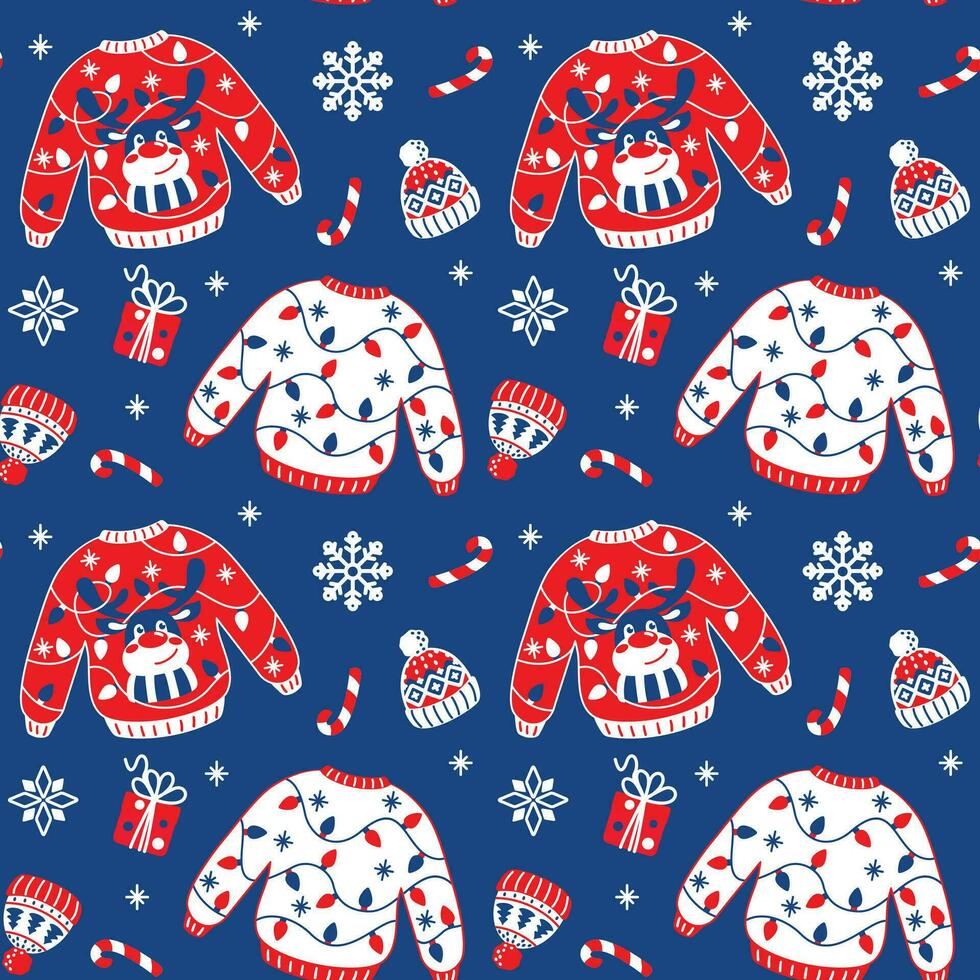 brutto Natale maglione e maglia cappello, divertente Natale Abiti. senza soluzione di continuità modello. vettore. vettore