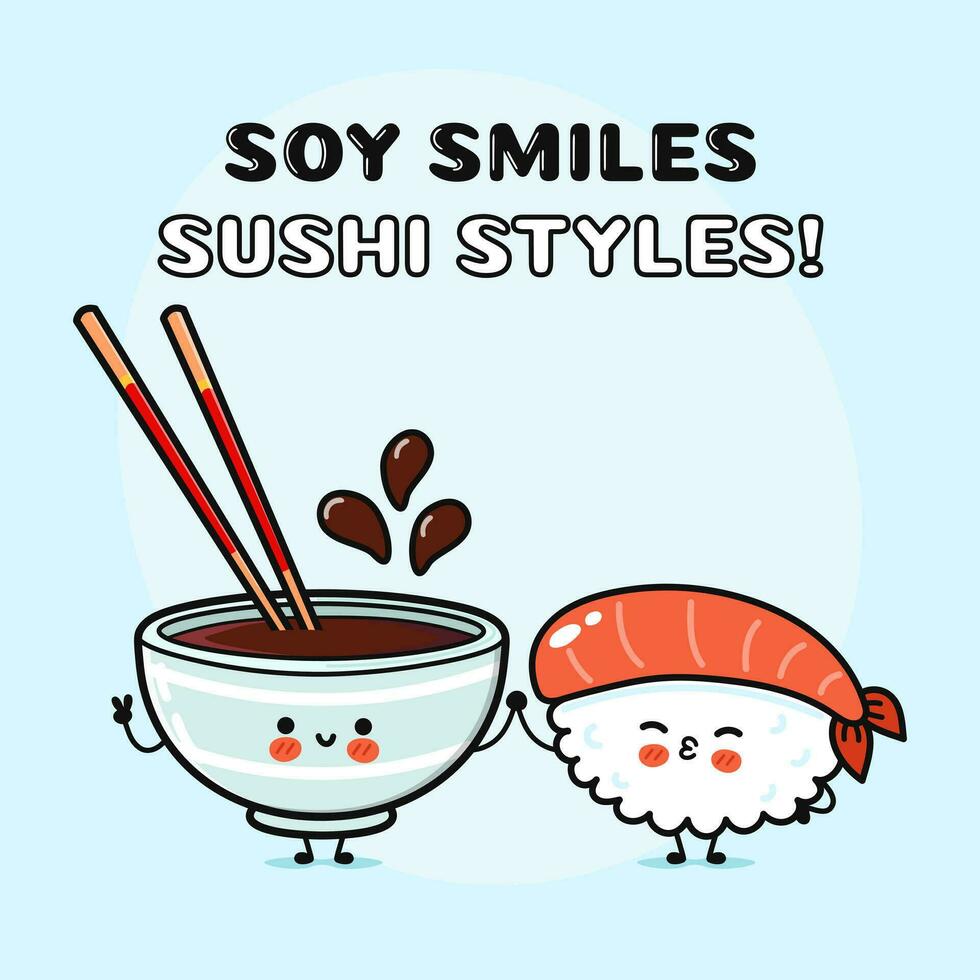 Sushi e soia salsa carattere. vettore mano disegnato cartone animato kawaii personaggi, illustrazione icona. divertente cartone animato contento Sushi e soia salsa amici