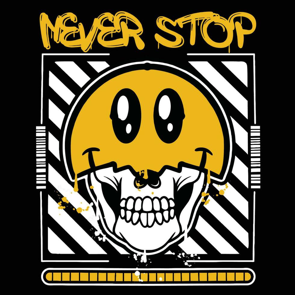 graffiti cranio emoticon strada indossare illustrazione con slogan mai fermare vettore
