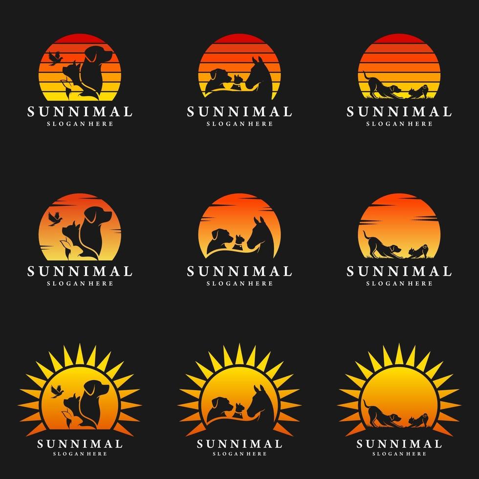 cavallo, cane, gatto con gli animali di design del logo del sole impostano l'illustrazione vettore