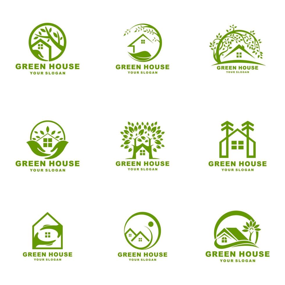 disegno dell'illustrazione dell'icona di vettore dell'insieme del logo della foglia della casa e della casa verde