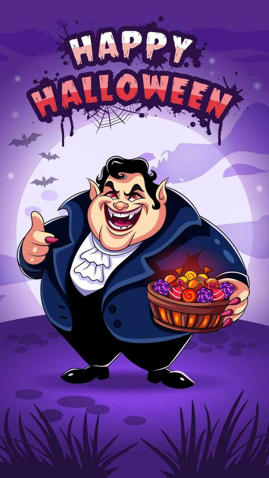 Halloween saluto carta con un' sorridente vampiro dracula Tenere un' cestino di dolci. notte sfondo con Luna e pipistrelli vettore