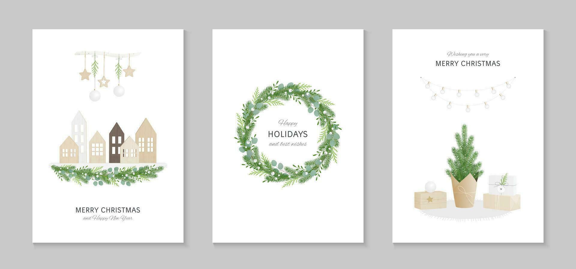 impostato di saluto carte allegro Natale e contento nuovo anno. di legno case, un' festivo ghirlanda con verde, un' piccolo pino albero avvolto nel mestiere carta, i regali. vettore