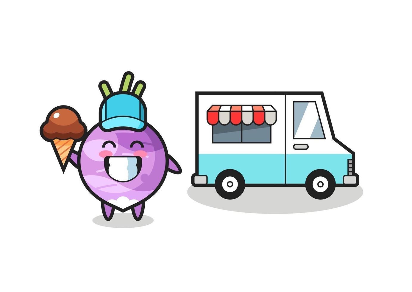 mascotte cartone animato di rapa con camion dei gelati vettore