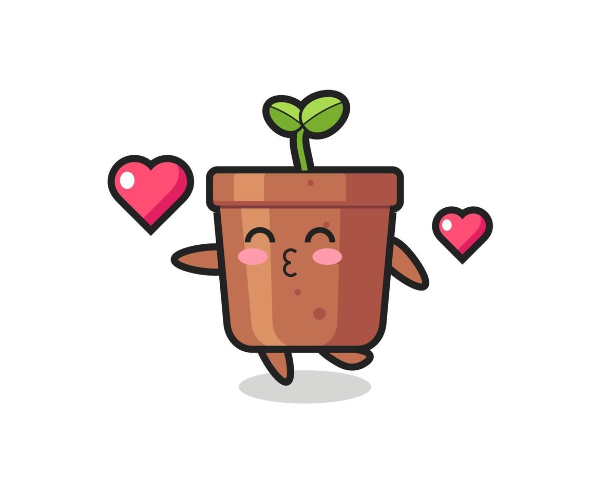 cartone animato personaggio vaso per piante con gesto di bacio vettore