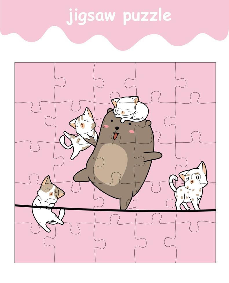 jigsaw puzzle game di orso e 4 gatti cartone animato vettore