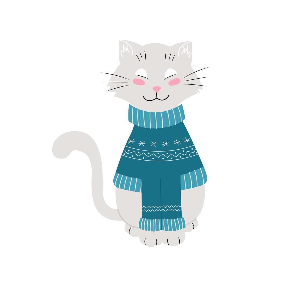 gatto in un caldo maglione invernale, animali divertenti, illustrazione vettoriale. vettore