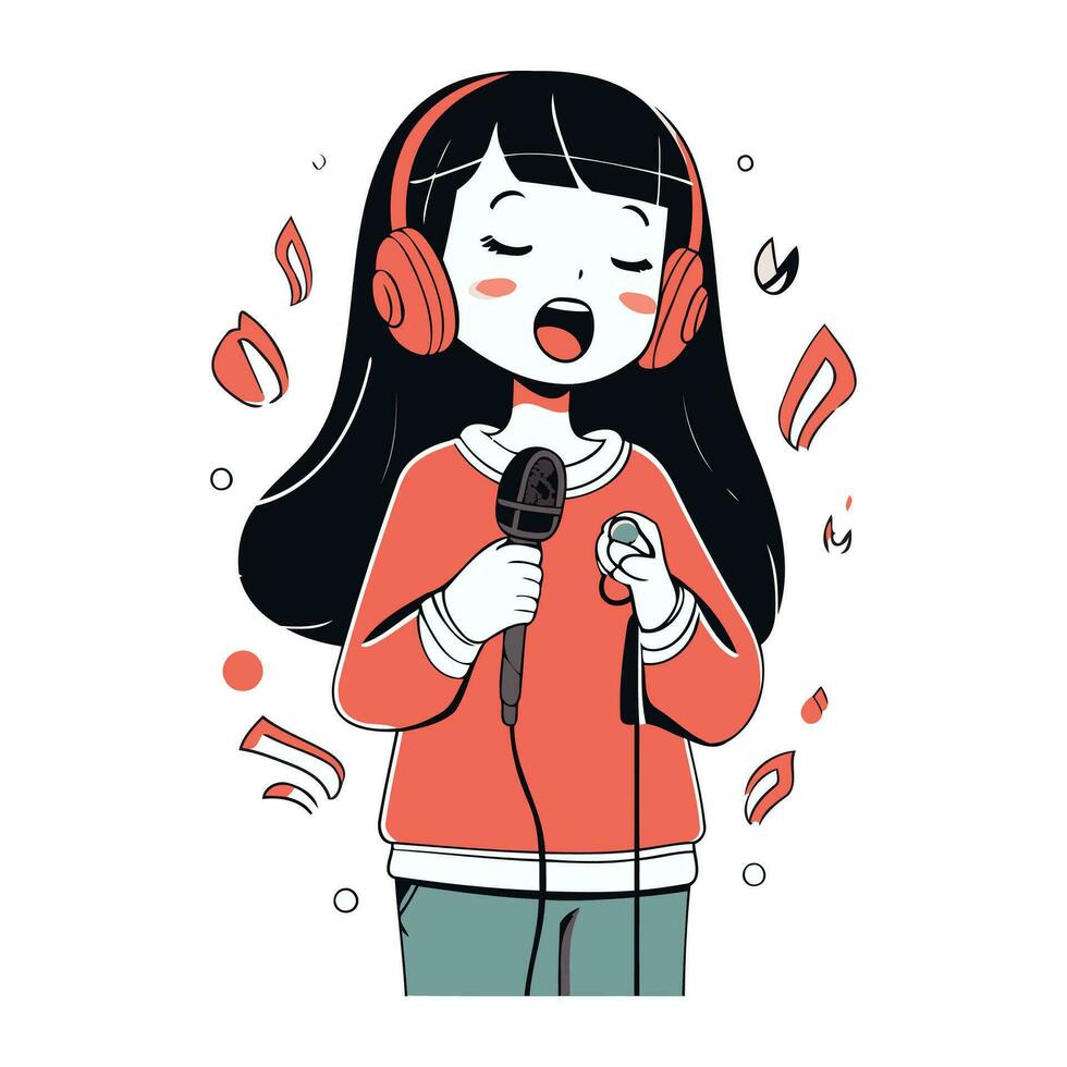 carino poco ragazza cantando karaoke nel cuffia. vettore illustrazione.