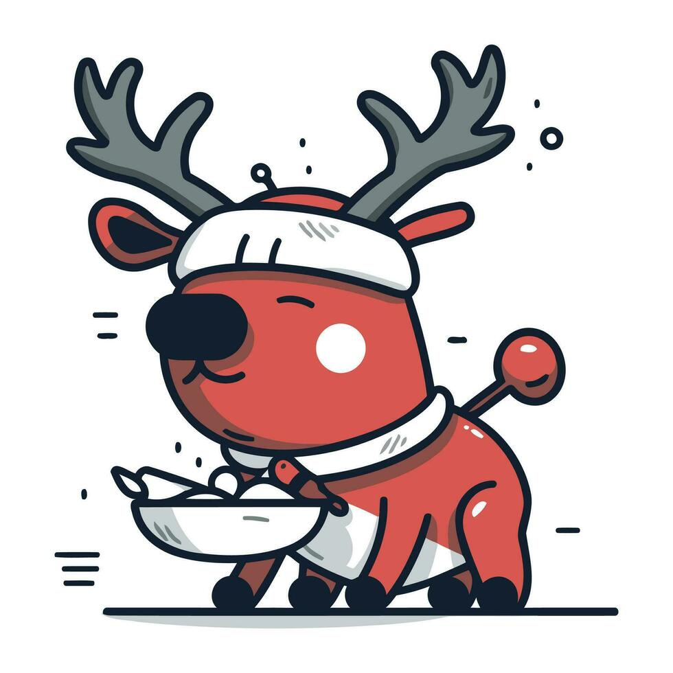 carino renna con un' piatto di cibo. vettore illustrazione.