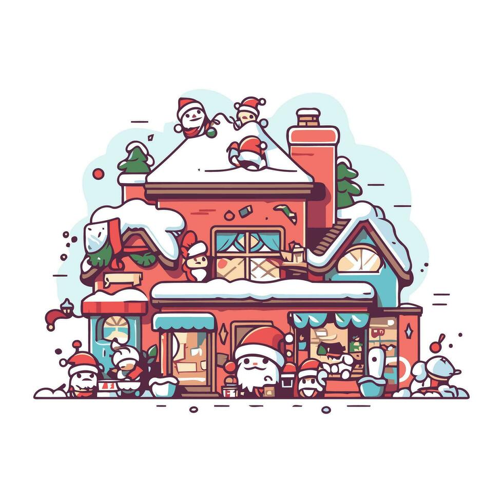 Natale Casa con Santa Claus e pupazzo di neve vettore illustrazione.