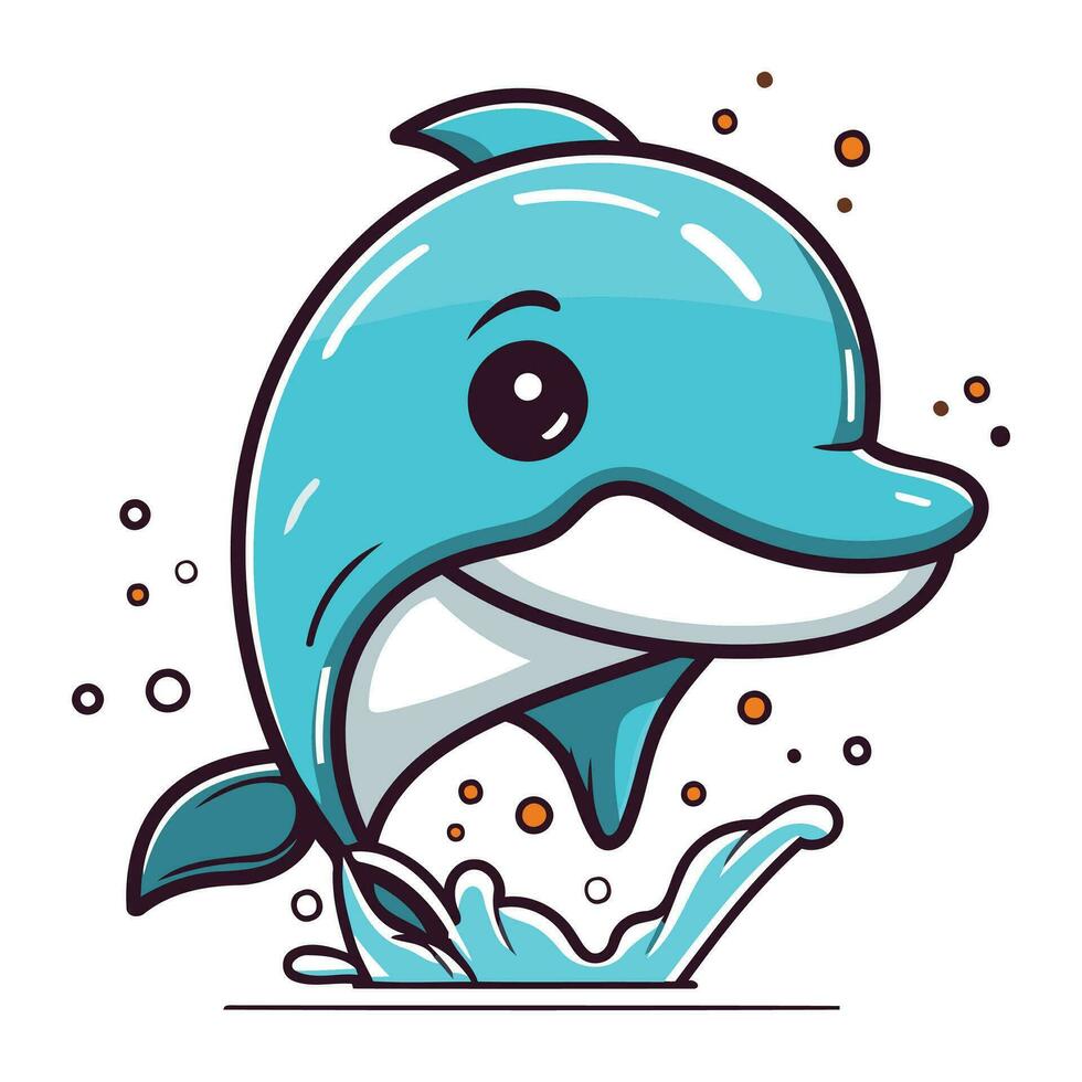 carino cartone animato delfino salto su di il acqua. vettore illustrazione.