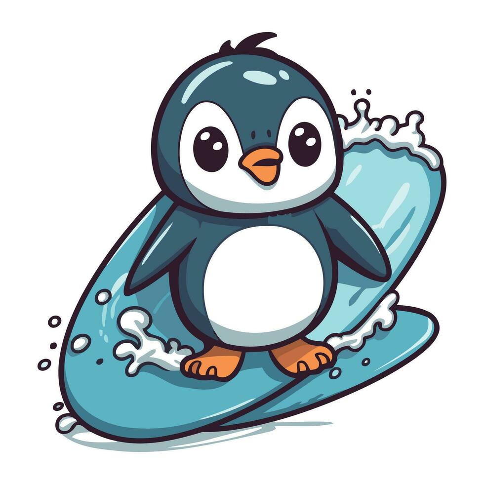 carino pinguino fare surf su tavola da surf. cartone animato vettore illustrazione.