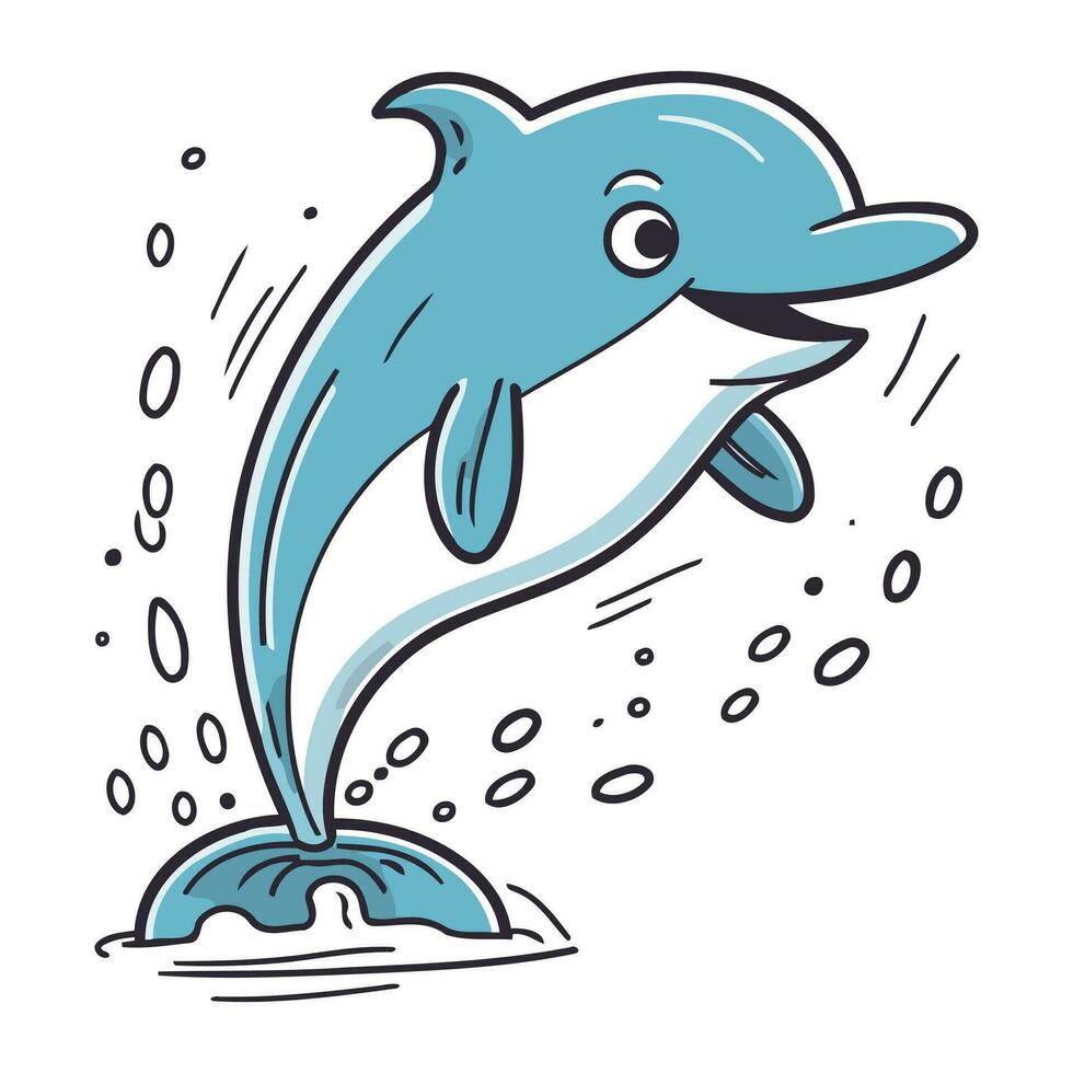 delfino salto su di il acqua. vettore illustrazione di un' cartone animato delfino.