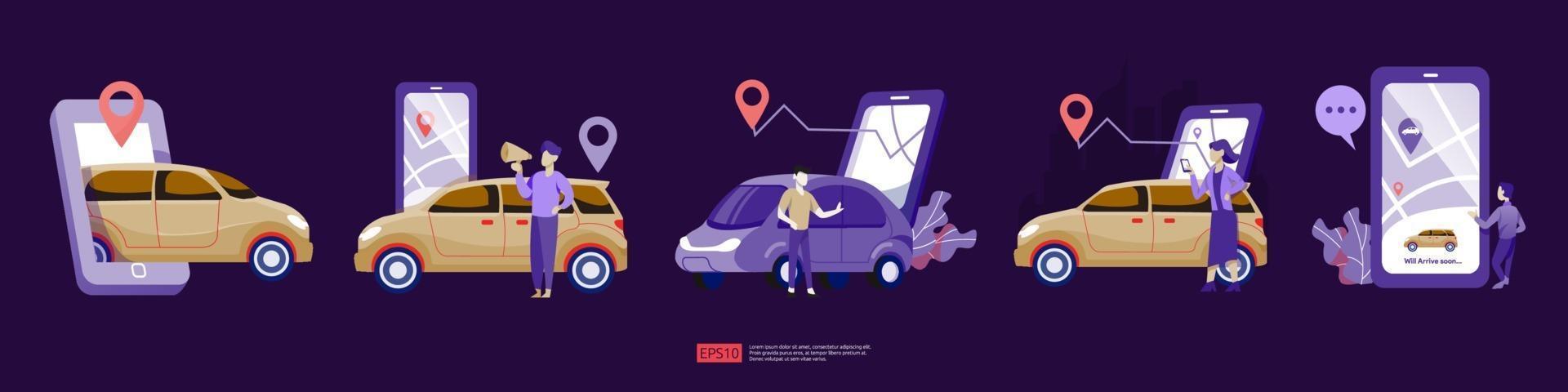 taxi online o noleggio mezzi di trasporto. set di servizi di car sharing vettore