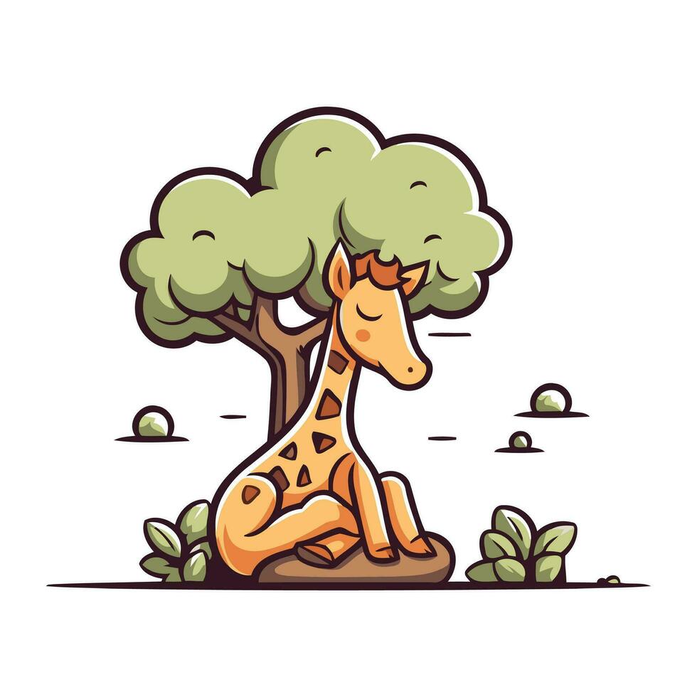 illustrazione di un' giraffa seduta sotto un' albero su bianca sfondo vettore