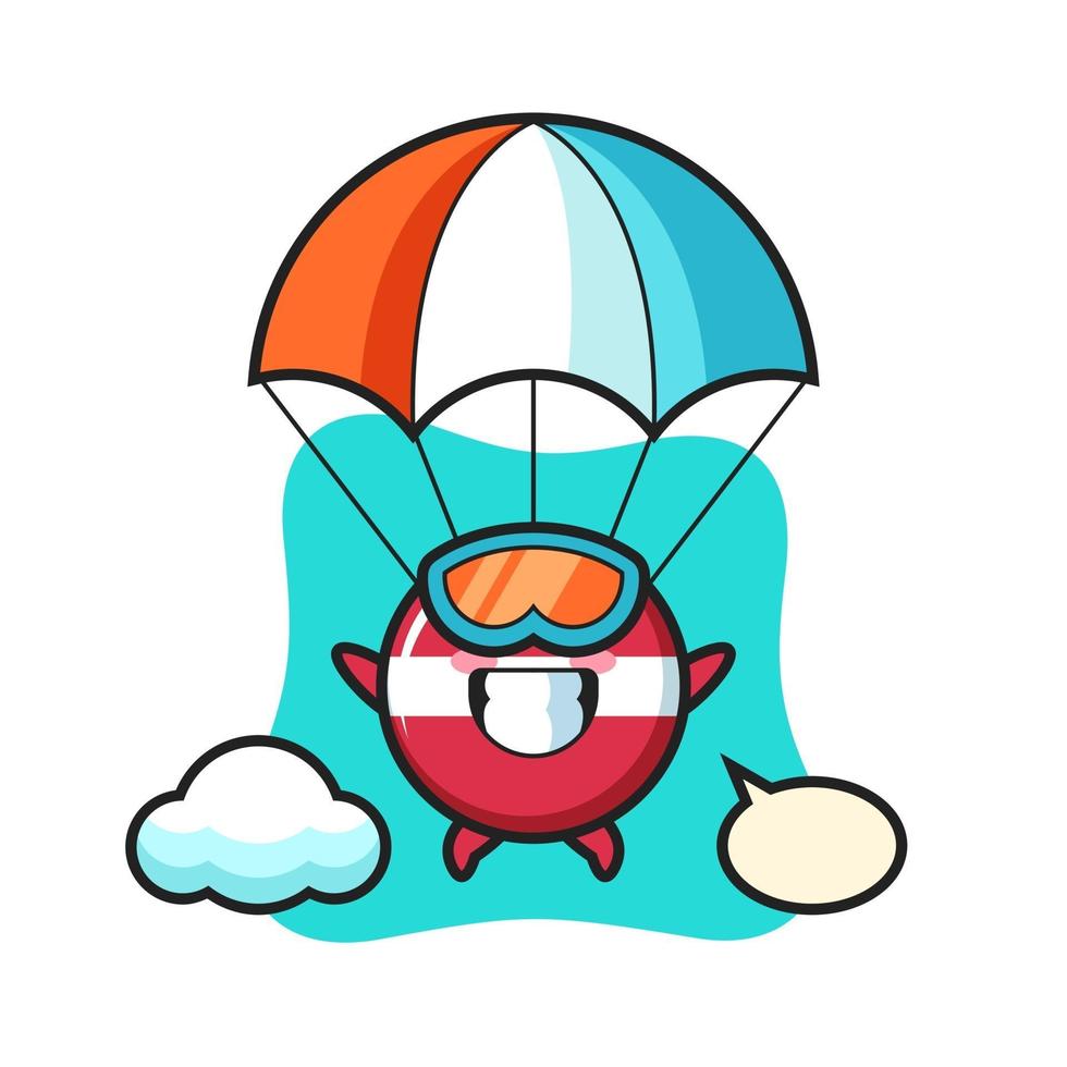 Il fumetto della mascotte del distintivo della bandiera della Lettonia sta facendo paracadutismo con un gesto felice vettore