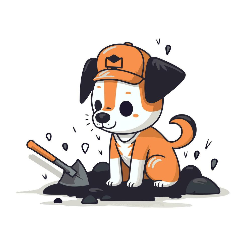 carino cartone animato cane scavando un' buco con pala. vettore illustrazione.