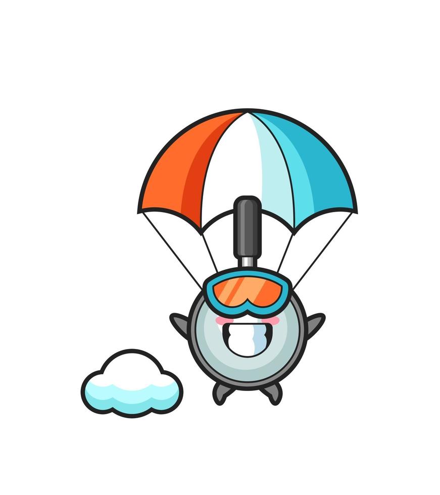 Il fumetto della mascotte della lente d'ingrandimento sta facendo paracadutismo con un gesto felice vettore