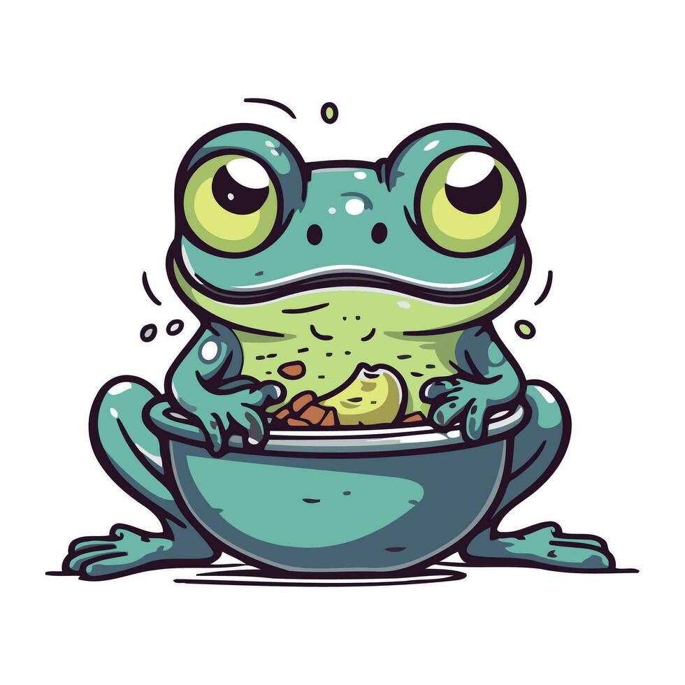 carino cartone animato rana con un' ciotola di cibo. vettore illustrazione.