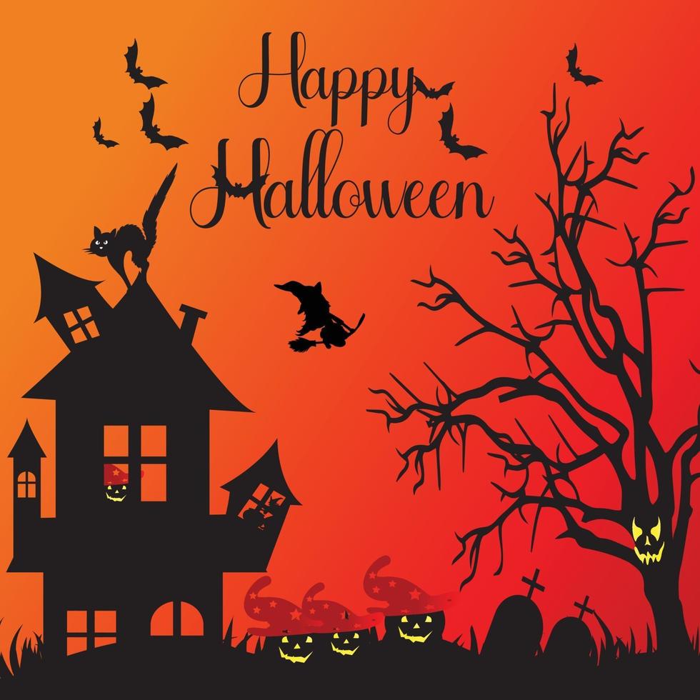 festa di halloween con strega, casa stregata, zucche spaventose, vettore