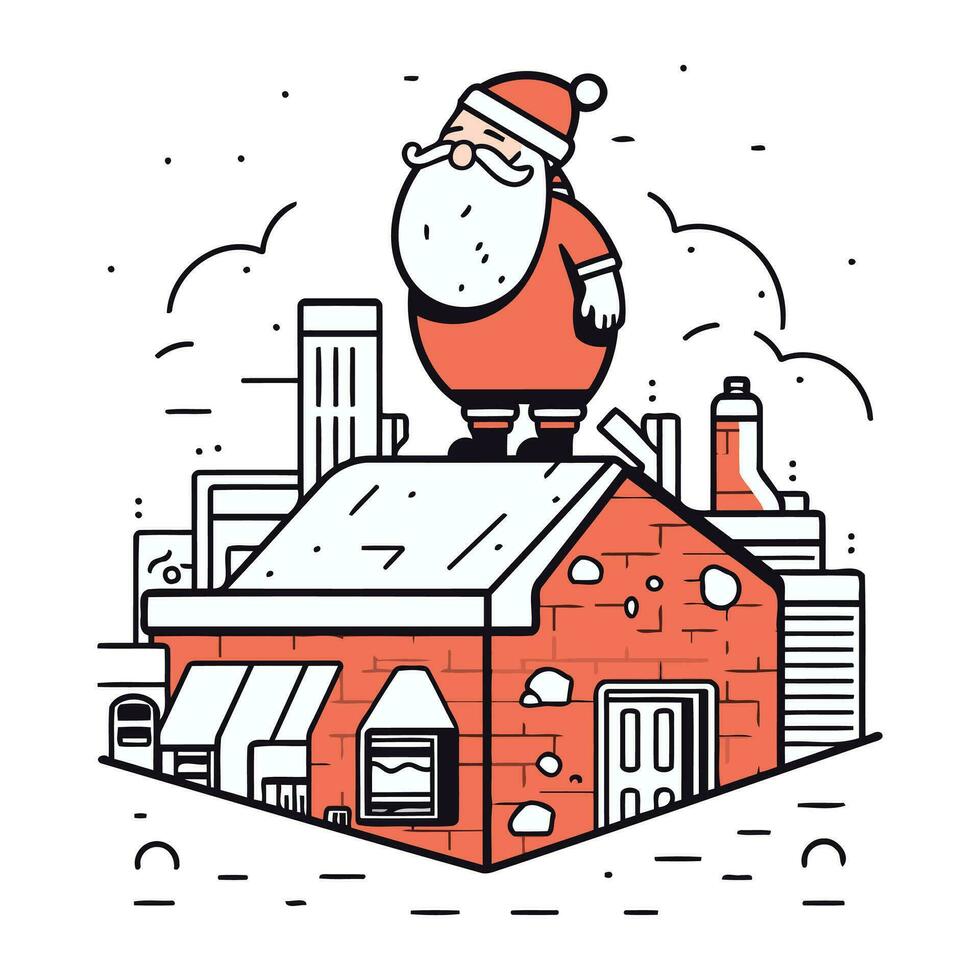 Santa Claus su il tetto di il Casa. vettore illustrazione nel lineare stile.