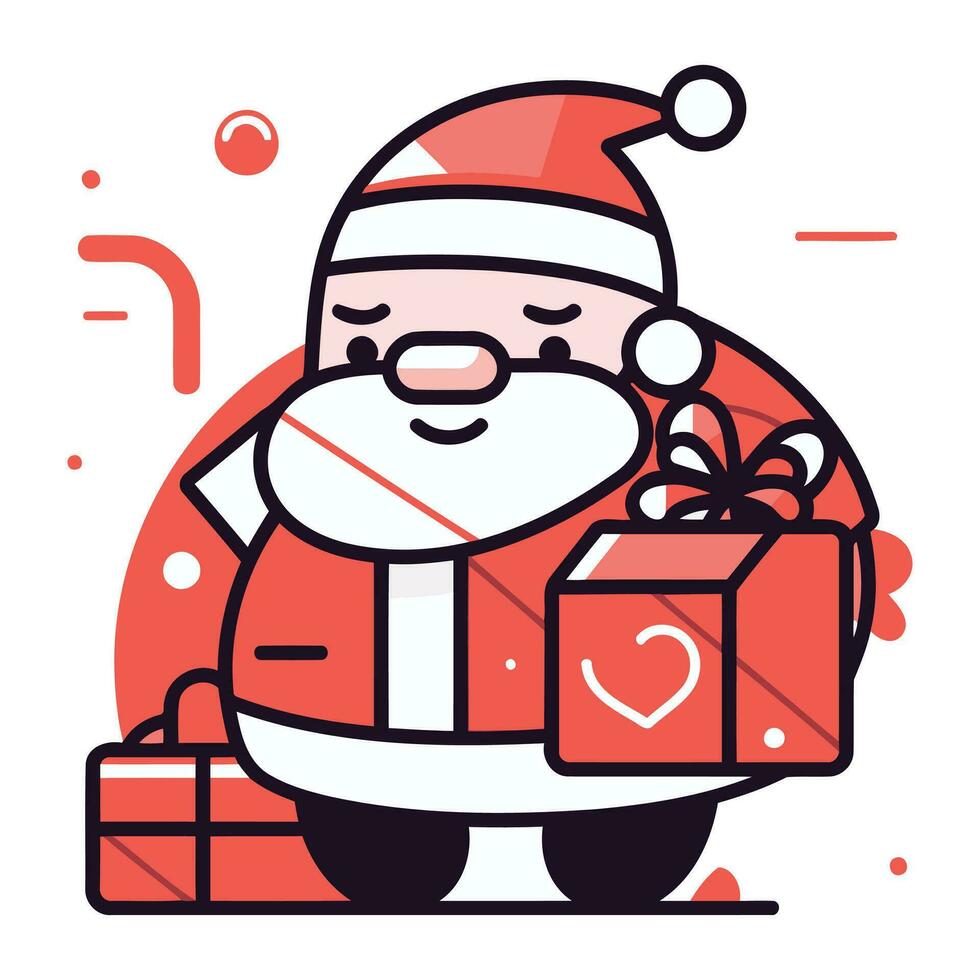Santa Claus con regalo scatola. vettore illustrazione nel piatto linea stile.