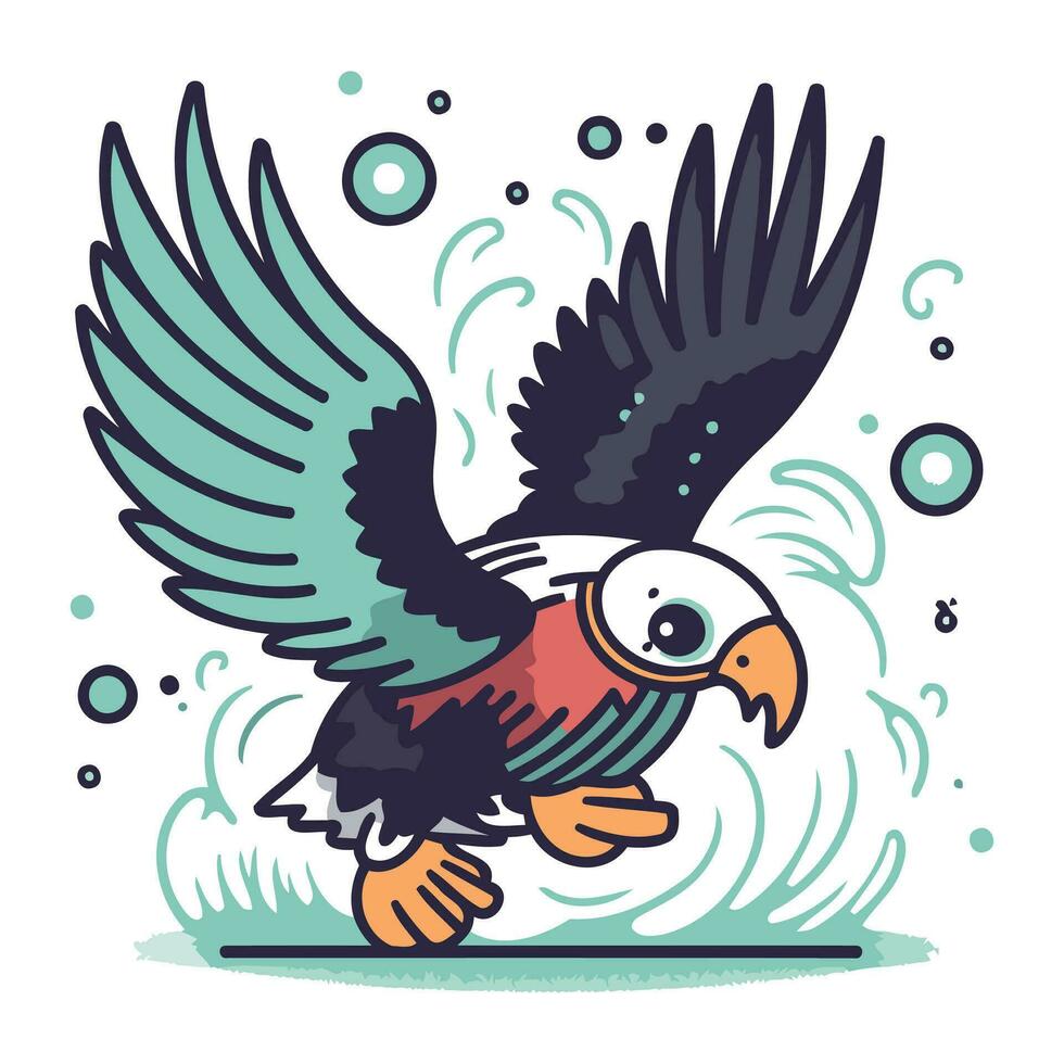 illustrazione di un' carino cartone animato pappagallo volante al di sopra di il acqua. vettore