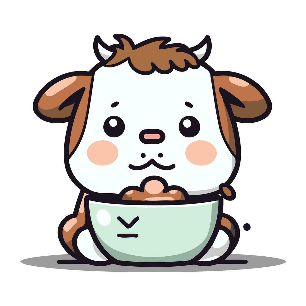 carino mucca mangiare ciotola cartone animato portafortuna personaggio vettore illustrazione