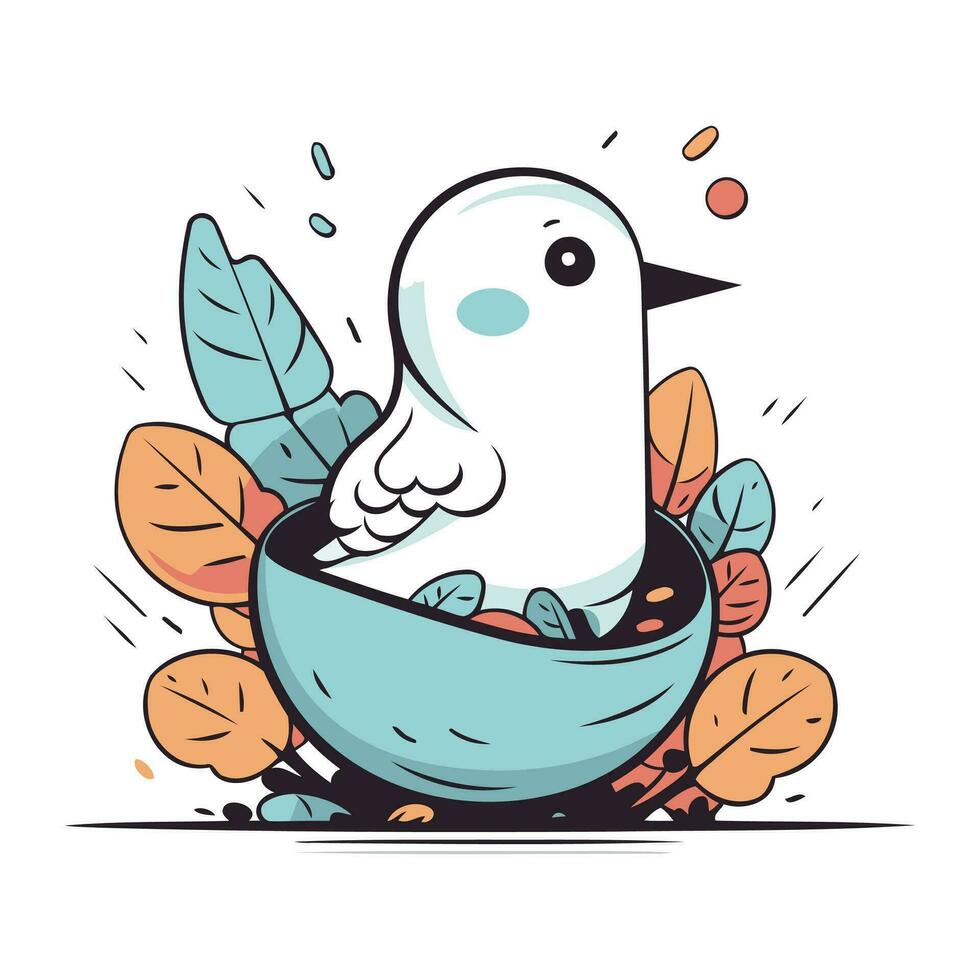 vettore illustrazione di un' carino bianca uccello nel un' ciotola con cibo.