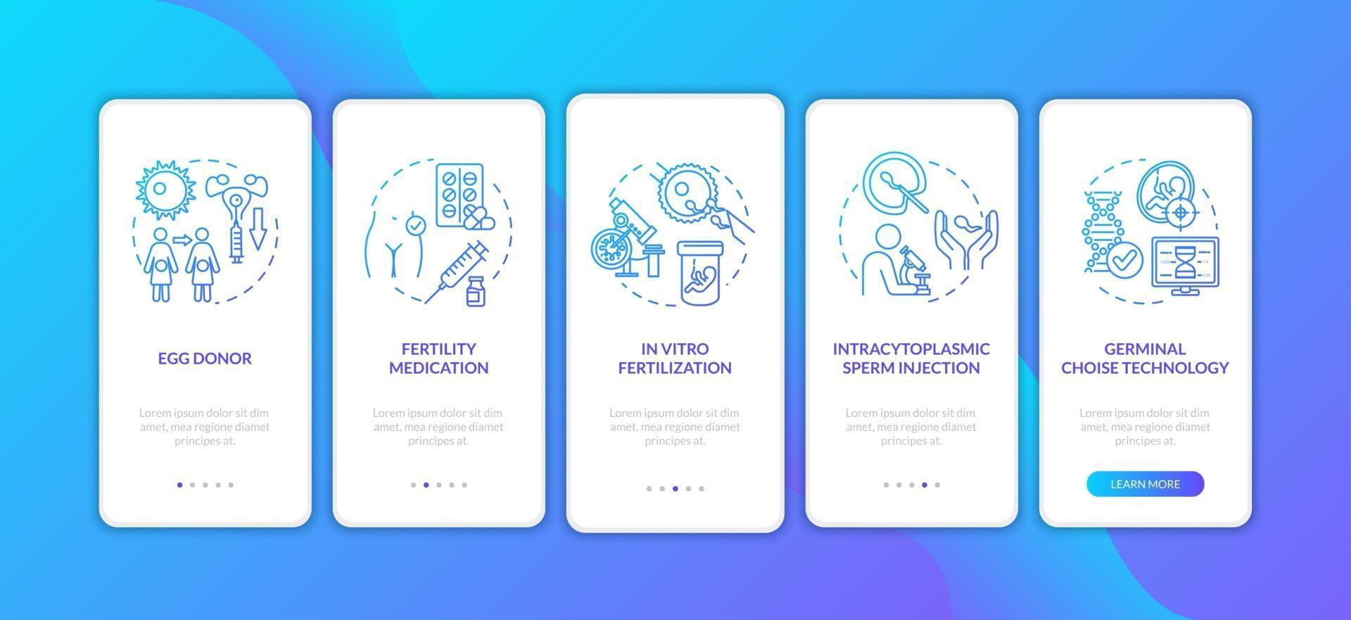 schermata della pagina dell'app mobile di onboarding della fecondazione con concetti vettore
