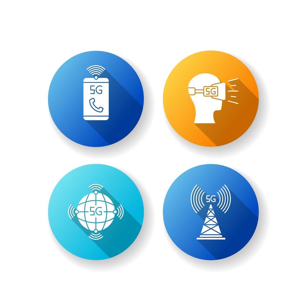 Set di icone glifi con ombra lunga design piatto con tecnologia wireless 5g vettore
