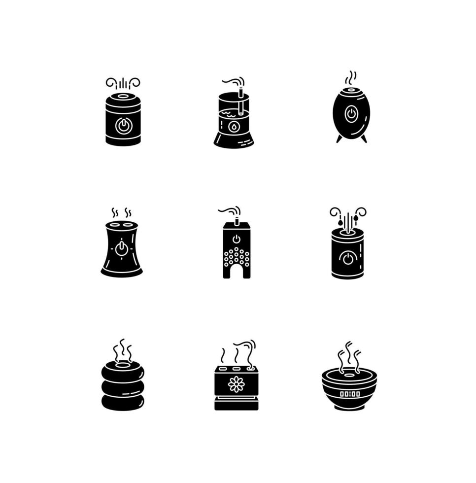 ionizzatori d'aria varietà icone glifi nere impostate su spazio bianco vettore