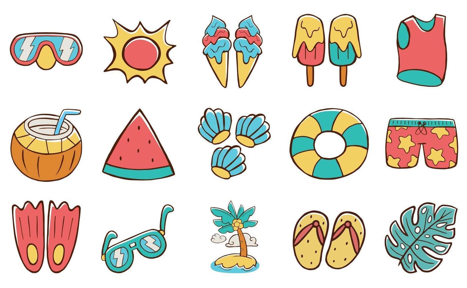 set di icone estive in stile cartone animato vettore