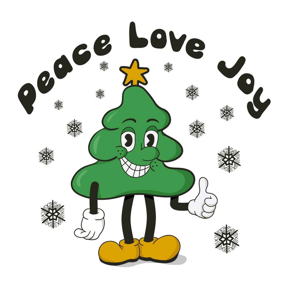 retrò vecchio cartone animato Natale albero personaggio con Groovy scritta. piatto mano disegnato slogan pace amore gioia con divertente Vintage ▾ carattere. concetto illustrazione nel retrò stile per stampe vettore