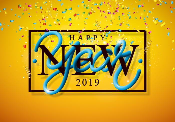 2019 illustrazione di felice anno nuovo con coriandoli che cadono vettore