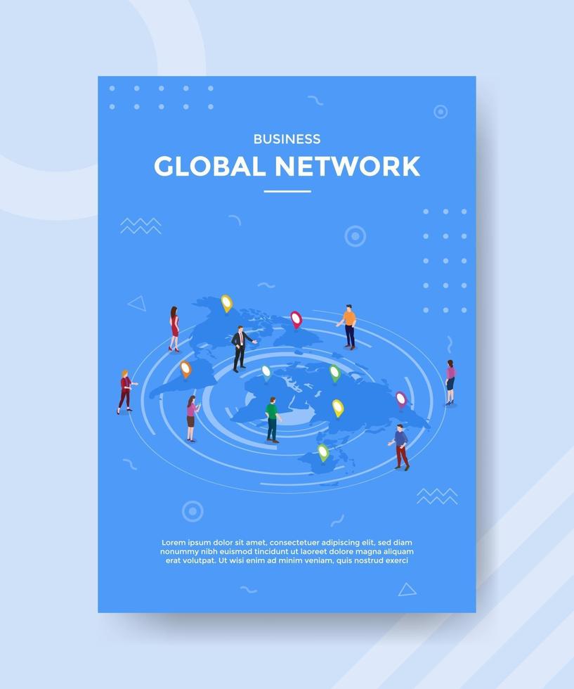 business rete globale persone in piedi n mappa mondo per modello vettore