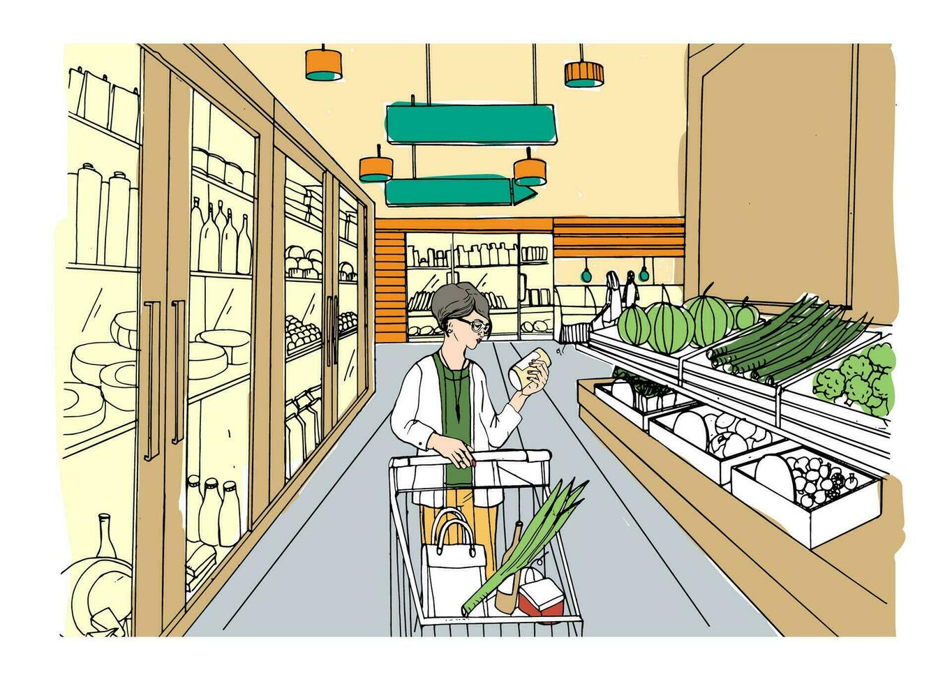 supermercato interno con acquirente ragazza. drogheria negozio, mano disegnato colorato illustrazione. vettore