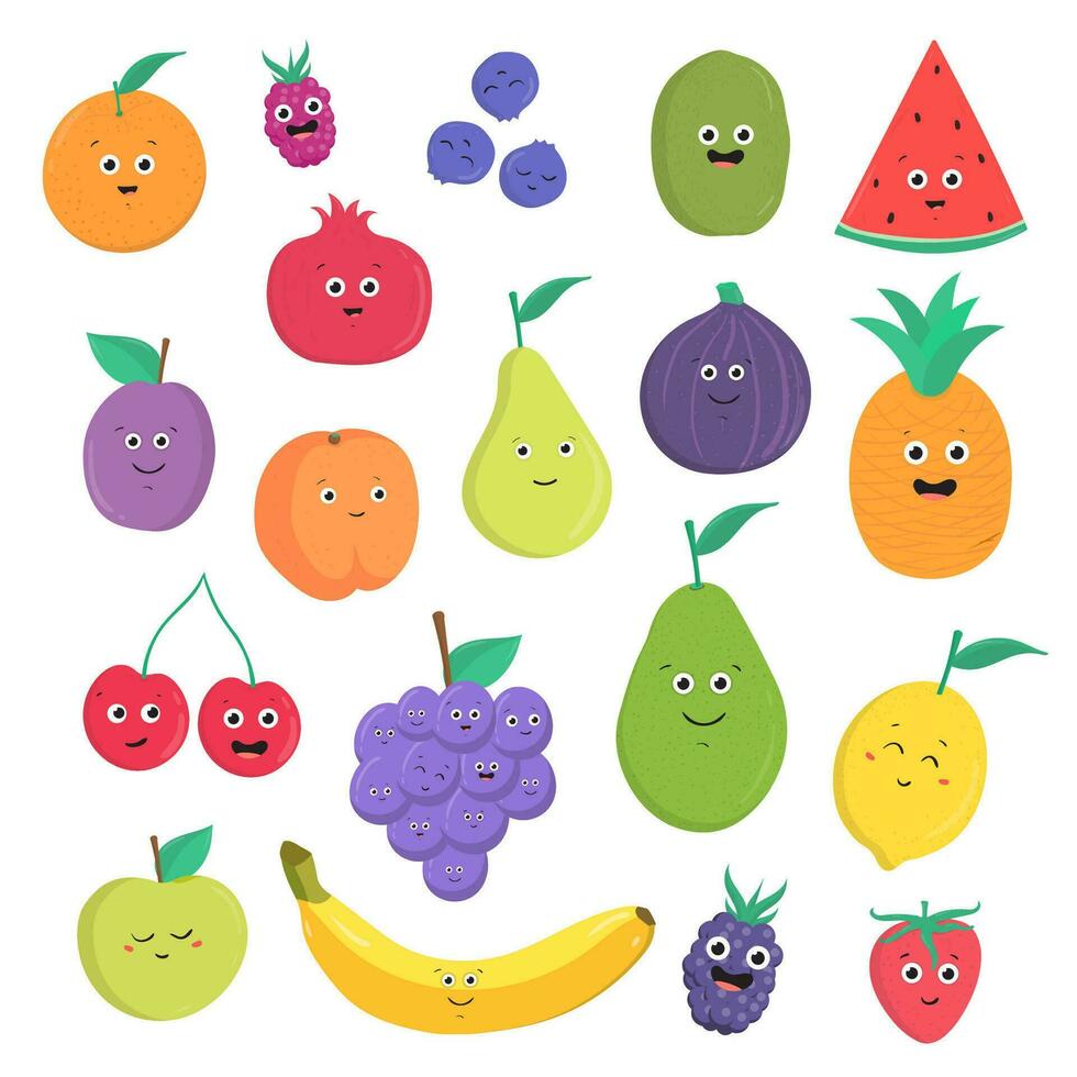 impostato di carino frutta e frutti di bosco con sorrisi. luminosa vegetariano cibo collezione su bianca sfondo. colorato vettore illustrazione nel cartone animato stile.