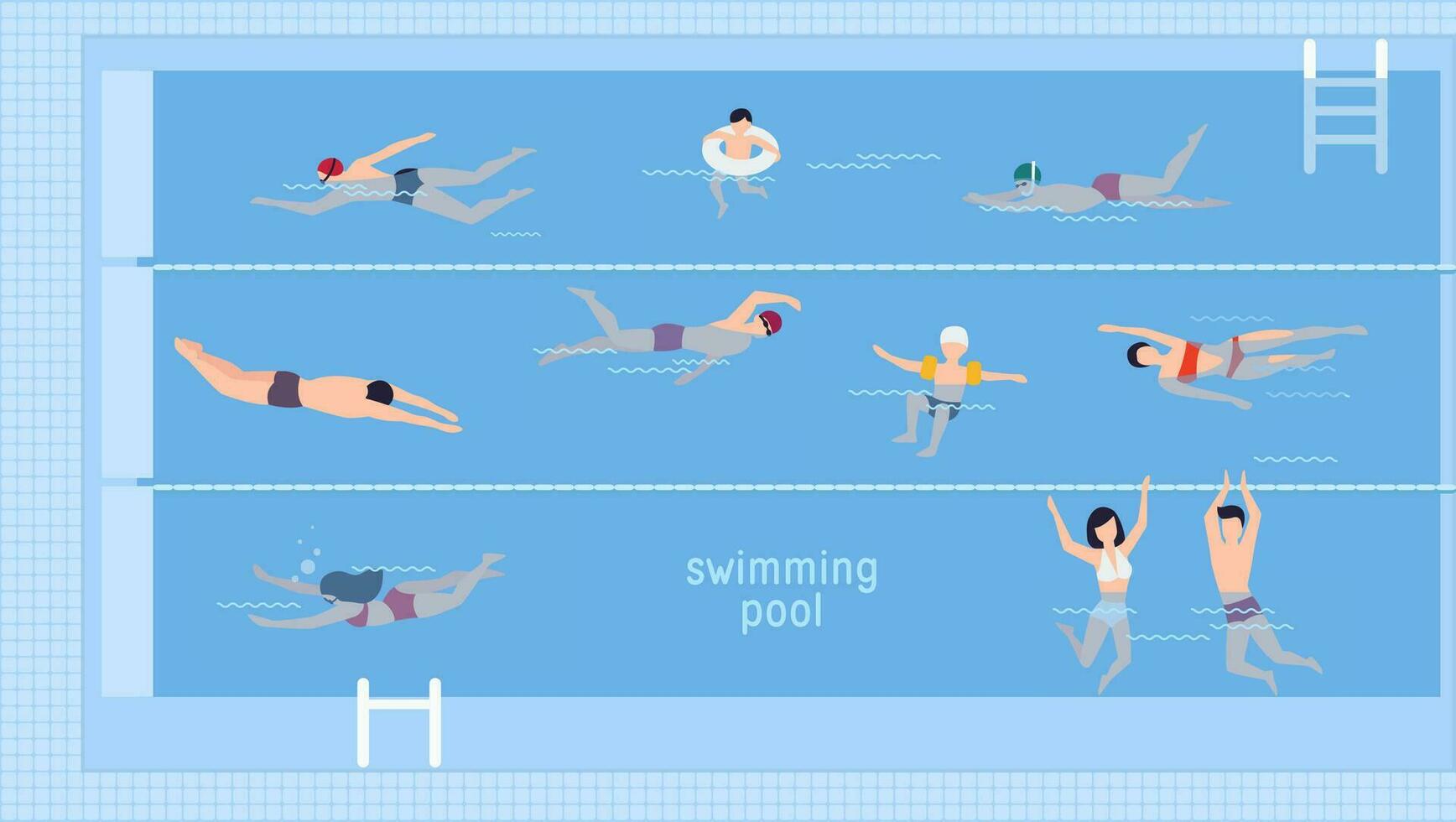orizzontale illustrazione con nuotatori nel nuoto piscina. superiore Visualizza. vario persone e bambini nel acqua, nuotare nel diverso modi. colorato vettore sfondo nel piatto stile con posto per testo.