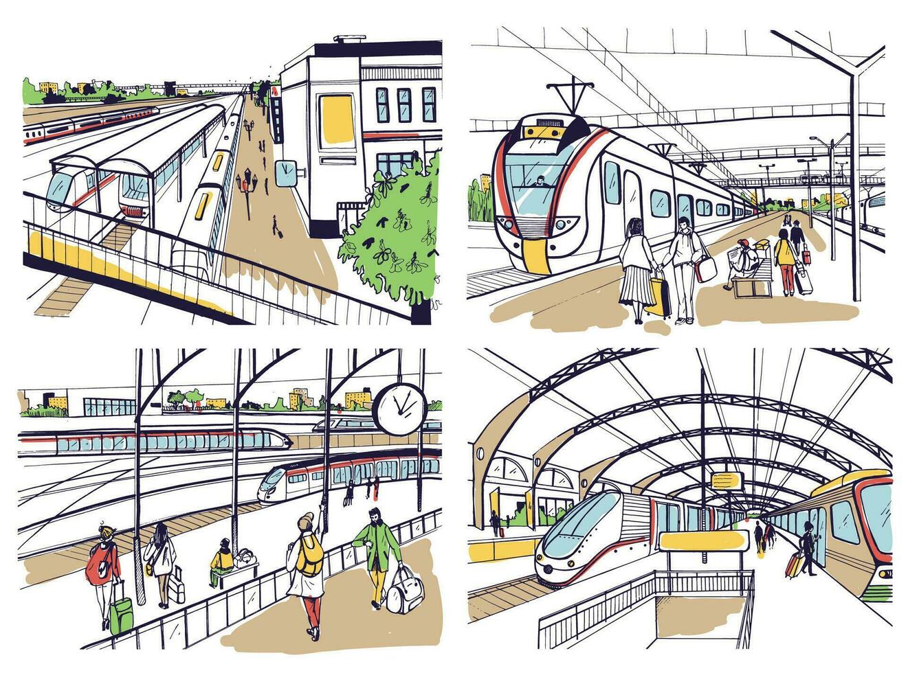 impostato di schizzi con ferrovia stazione. viaggiatori su piattaforma, in attesa, in arrivo e in partenza treno. mano disegnato colorato vettore illustrazione.