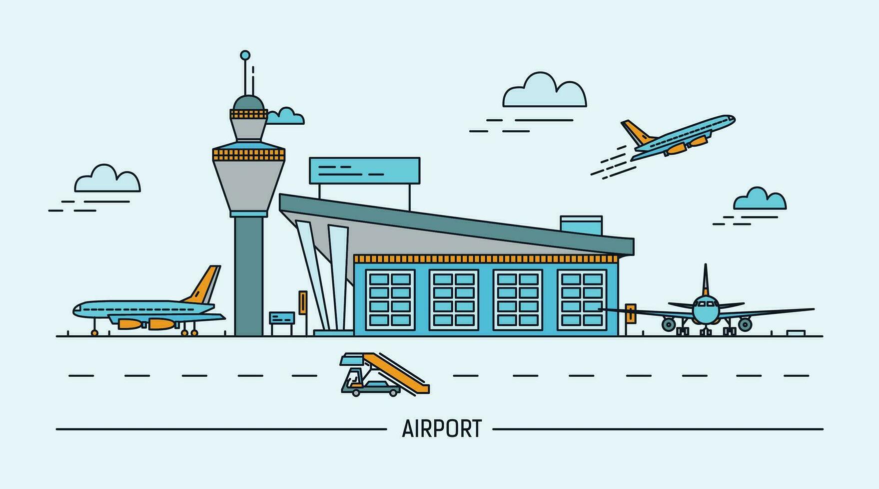 aeroporto, aereo. Linea artistica colorato vettore illustrazione con aria terminale e aeroplani.