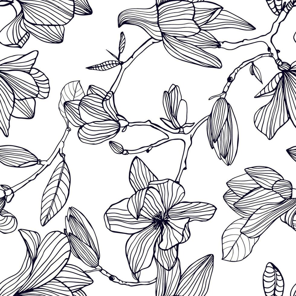 fioritura magnolia. mano disegnato nero e bianca senza soluzione di continuità modello con fioritura fiori. vettore sfondo.