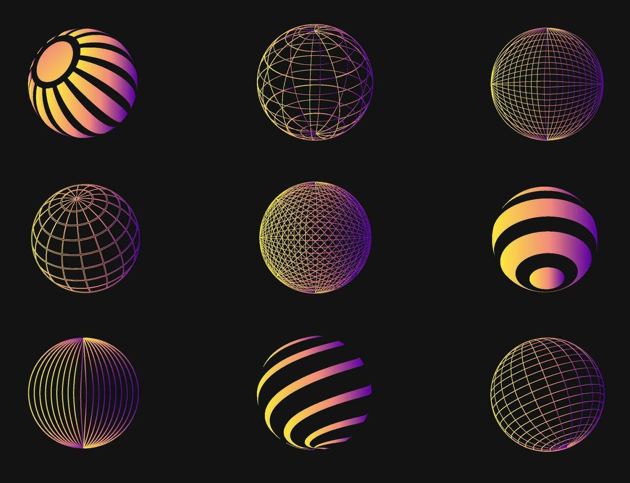 impostato di 3d wireframe figure. informatica neo-futuristico maglie, 3d oggetti e forme. telaio ondulato geometrico prospettiva sfera, sfera. anni 80 cyberpunk elementi, vettore impostare. pendenza forme